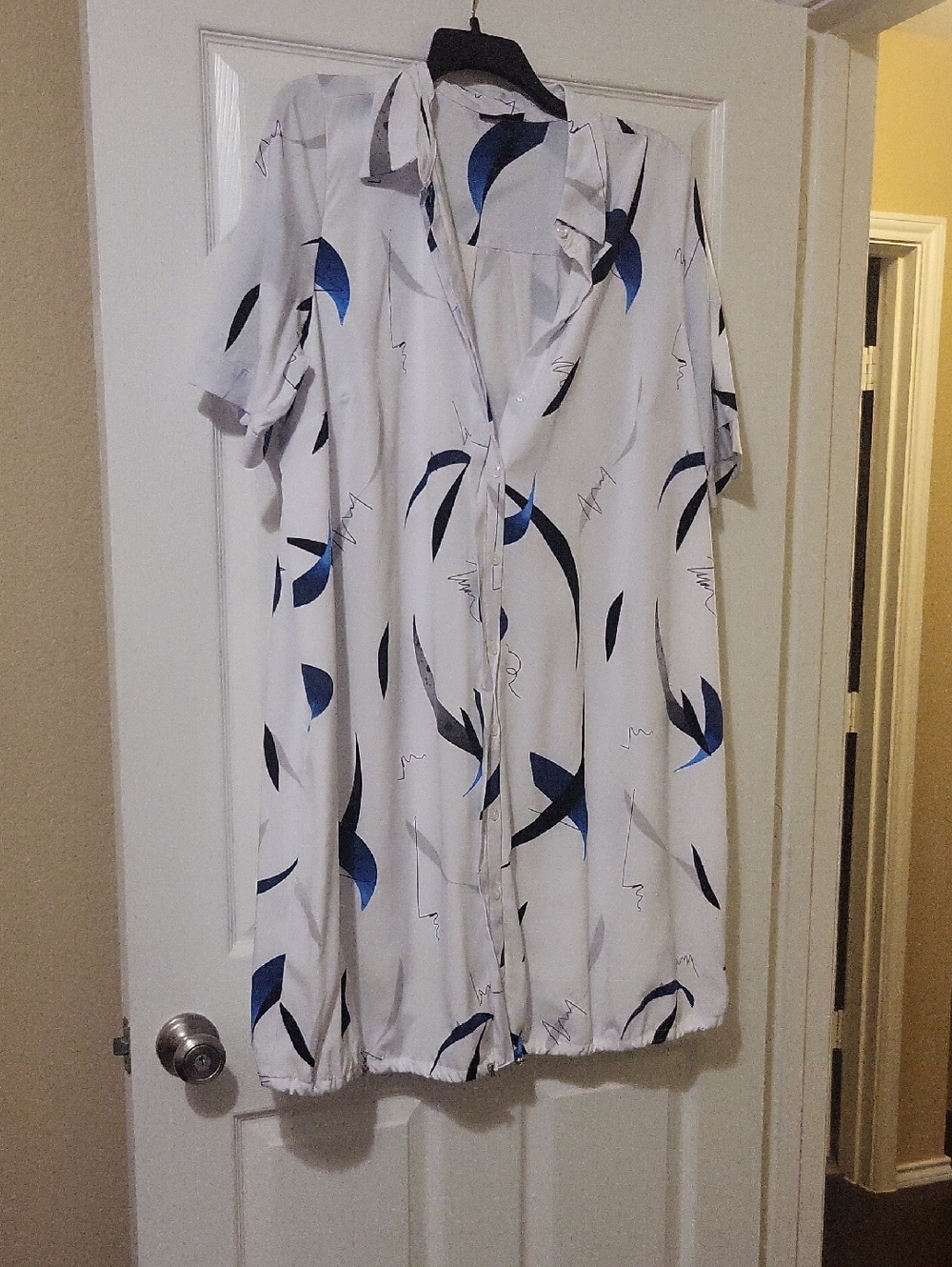 White Button Front Midi Dress with Blue & Black Abstract Print